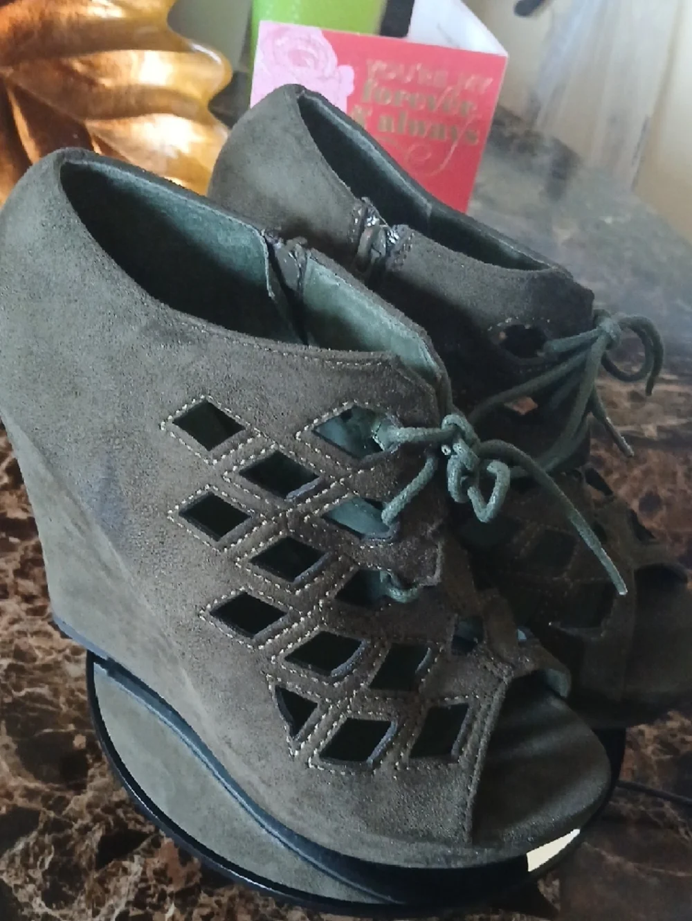 Women’s Olive Green Lace-Up Cutout Wedges